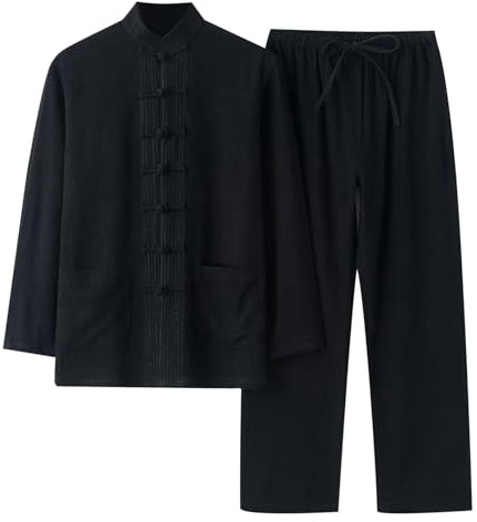 Men's Suit Chinese Style Traditional Martial Arts Kung Fu Tai Chi Wushu Classic Tangzhuang Long Sleeve Shirt Trousers Training Uniform Spring Autumn Leisure Clothing Linen Suit(Black,Large)