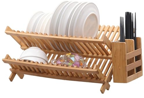 AZIDWERYQ Égouttoir à Vaisselle, 20 emplacements, 2 Niveaux, avec Porte-ustensiles, Assiette Creuse en Bois de Bambou, égouttoir Pliable pour Planche de Cuisine en Bois
