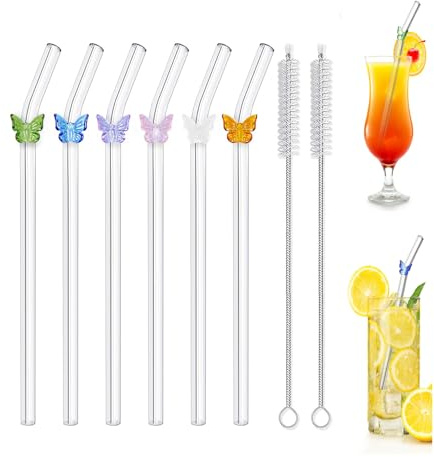 Yeenano Papillon Pailles en Verre Transparente,6 Pcs avec 2 Brosses De Nettoyage,Transparente Verre A Cocktail,Pailles Réutilisables,Paille Bubble Tea,pour Cocktails,Smoothies,Café,Lait,pour Jus