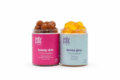 Jelly Pills Pack Erweiterte Hautpflege – Hydrolysiertes Kollagen + Hyaluronsäure und DERMA Probiotika – 60 + 70 Vegane Gummies – Ohne Zucker – Geschmack Erdbeere und Banane