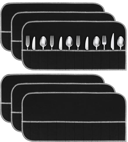 6-teiliges Silberbesteck-Aufbewahrungsset Anlaufschutz für Silberbesteck | Schwarze Besteckschutzrolle mit Weißem Band Besteckschutztuch Filz-Besteckaufbewahrungsorganizer für Küche Besteck