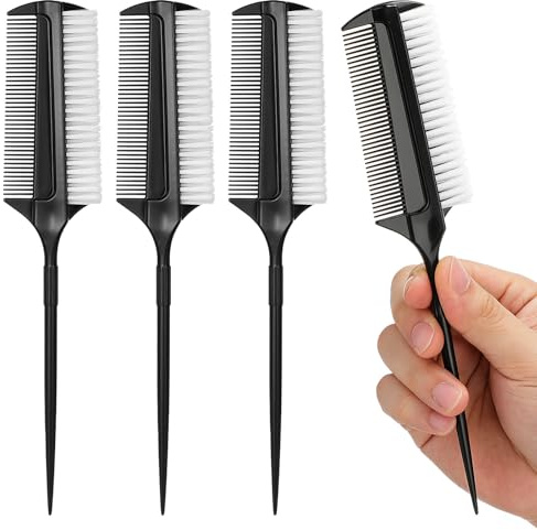 NULYLU Set de 4 Brosses à Cheveux en Plastique Noir pour Coiffure Professionnelle, Poils Courts des Deux Côtés, pour Crêpage et Balayage des Cheveux Fins