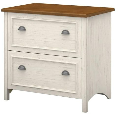 Bush Furniture Fairview 2 Drawer Lateral File Cabinet in Antique White/Tea Maple, Home Office Storage for Letter, Legal, and A4-Size Documents