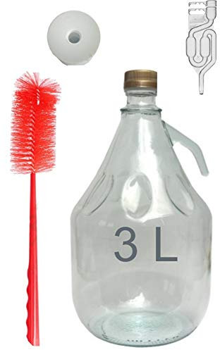 lilawelt24 6 Teiliges Set - 1 x Glasballon 3L Gummistopfen Gärröhrchen Gärballon Glas Flasche FermentationGlasbehelter