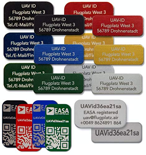 UAV-ID Drohnen-Kennzeichen | Schwarz 20x8mm | Aluminium Lasergraviert | Selbstklebend |E-ID Registrierungsnummer| Plaketten Aufkleber