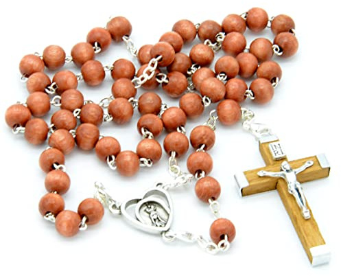 Religiöser Rosenkranz JUNGFRAU VON FATIMA, mit 59 Holzperlen. Holzkreuz 5 cm. und bedruckte Tasche. Durch Karabiner in eine Halskette umwandelbar – Brauner Rosenkranz aus Holz VF