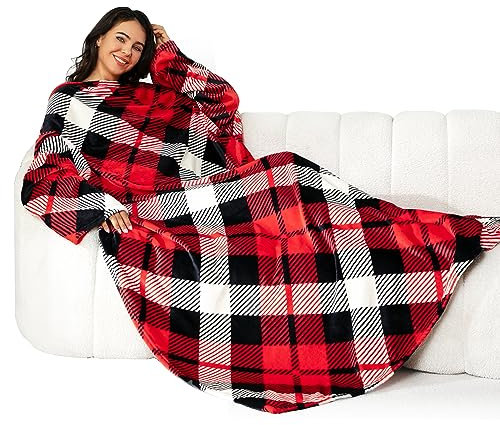 Winthome Blanket with Sleeves, Gift for Women Men Adult, Soft and Cozy Wearable Blanket with Elastic Cuffs, Hook and Loop Fastener (Red Plaid, 140x170cm)