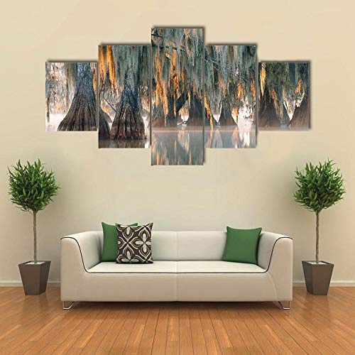 Quadri Moderni Stampa Soggiorno Muschio degli alberi di cipresso calvo lago Martin Immagini 5 Pannelli Painting Stampato Decorazione stampa artistica intelaiata e pronta da appendere