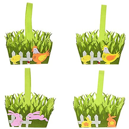 QYLJZB 4 Pcs Felt Easter Eggs Basket, Easter Baskets Decorations Grass Fence Shape Easter Bags with Handle, Orange,pink,yellow,bright Orange, 10x10x14cm