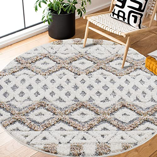 payé Teppich Rund - Hochflor - 120x120cm - Ethno - Skandinavisch - Pastell Cream Multi - Modern Raute Muster - Flauschig - Wohnteppich Schlafzimmer Dekoration