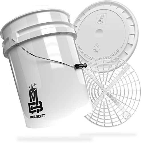 MAGIC BUCKET Car Hand Wash Bundle | Wash Bucket with Matching Bucket Lid 5 US Gallons Approx. 20 Litres | With Grit Guard Bucket Insert Dirt Strainer | Washing Set White