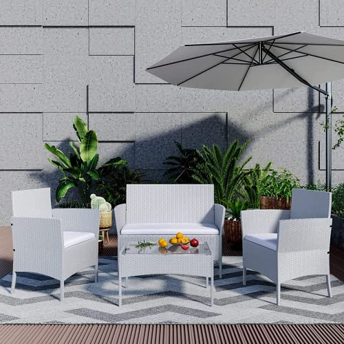 bigzzia. Juego de Muebles de jardín de ratán, 4 Piezas, Muebles de Mimbre para Patio, 2 sillones, 1 sofá de Dos Lugares y 1 Mesa (Gris)
