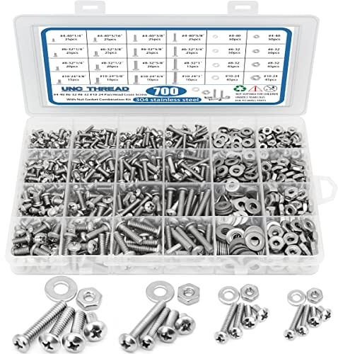 700Pcs Nuts and Bolts Assortment Kit, SATANTECH 4-40#6-32#8-32#10-24 Phillips Pan Head Assortment Stainless Steel Bolts Nuts Flat Washers Nuts Bolts with Case