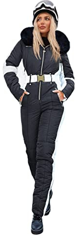 Zwurew Womens Winter Onesies Ski Suit Outdoor Sports Waterproof Snowsuit Fur Collar Ski Jumpsuit Coat