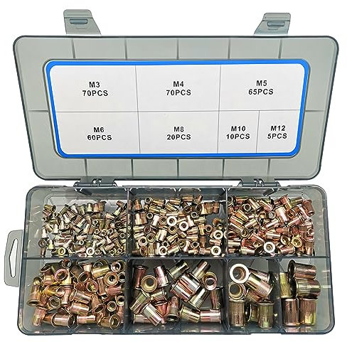 AKKTOL 300 Pièces Écrou de Rivet Acier Carbon, Écrous à Sertir Plaqué Zinc, Éécrous à Rivets Aveugles avec Filetage - M3/M4/M5/M6/M8/M10/M12