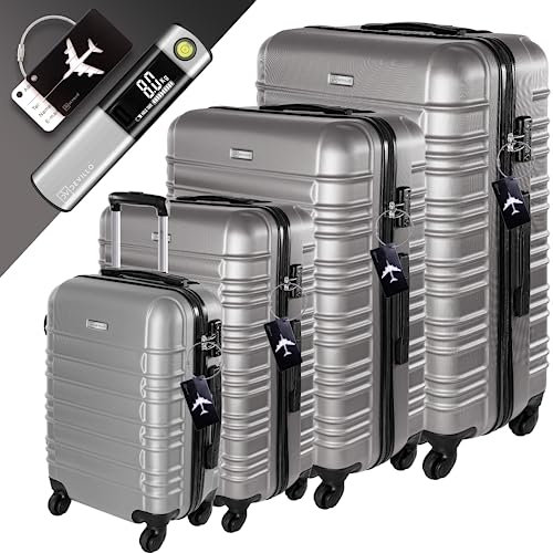 Devillo® Hartschalenkofferset Kofferset 4tlg. S-M-L-XL, Silber - Hard Shell Trolley Koffer Reisekoffer Reisekofferset Gepäck Rollkoffer Schloss 4 Rollen ABS-Hartschale Teleskopgriff