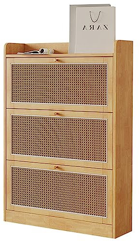 ZORZA Rattan-Schuhschrank, Schuhkipper mit 3 Fächern, Schuhaufbewahrung für 24 Paare, Schuhständer für Flur, Eingangsbereich, Natur Gummi-Holz, 83 x 24 x 120 cm,Original Wood