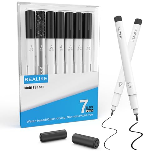 REALIKE Schwarze Stifte für Cricut Joy Kalligraphie Glitter Gel Stil 7 Stifte in Vielzahl von Spitzengröße 0.4 Fine Point Tip 1.0/2.0/2.5 Pinselspitze für Zeichnung