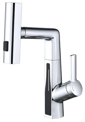 BEITH Wasserfall Waschtischarmatur, 3 Modi Mischbatterie Bad Modern mit LED-Digitalanzeige, Ausziehbar, Drehbar, Höhenverstellbar, Mischbatterie Waschbecken Einhebel, 59A Messing, für Badezimmer