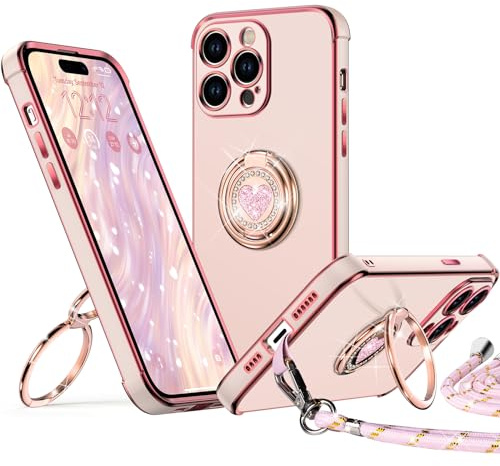 XYZ for iPhone 15 Pro Case with Stand, Double Ring Holder Case Heart with Lanyard for Girls Women, Luxury Cute Bling Protective Phone Cover Case for iPhone 15 Pro, Pink