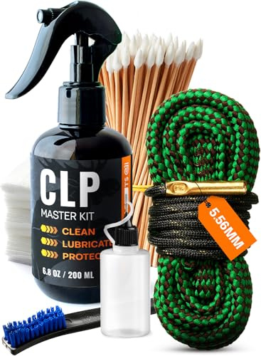 Gun Cleaning Oil Kit with 5.56mm, .223 Gun Cleaning Snake 3-in-1 Cleans, Lubes, Protects - 6.8 Oz Spray Gun Cleaner and Lubricant, Needle Oiler, Cleaning Patches, Cleaning Swabs, Brush