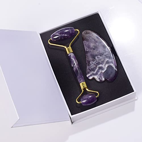 Amethyst-, Naturstein-Gesichtsroller, Gua Sha-Werkzeugset, Kratzkristallmassage, 3-tlg Raumdekoration (Color : 2 Pcs Set Box)