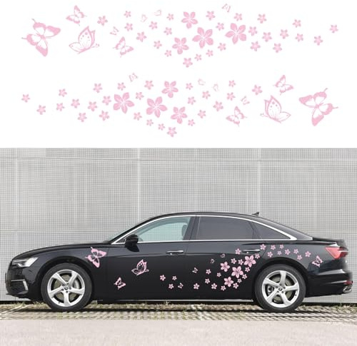 BLAJR Butterfly Floral Pattern Car Sticker DIY Mini Floral Vinyl Sticker For Hood Car Window Doors and Windows Laptop Decal accessories (pink) 74PCS