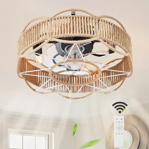 KZT Vintage ventilateurs de plafond avec Lampe intégrée et Télécommande E27 Rotin Naturel Tissé Cage Lampe de Ventilateurs Industrielle Silencieux Fan Plafonnier pour Salon Chambre Cuisine