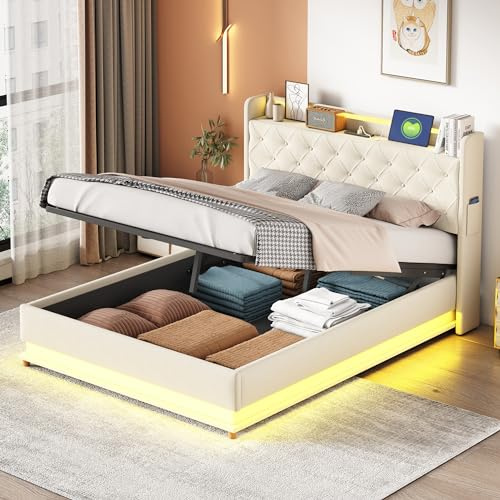 LED-Polsterbett 140X200 cm, Bett mit Großer Stauraum & Lattenrost, Bettgestell Metall Boxspringbett, Polster Kopfteil mit Regal und USB-Ladeanschluss, Hautfreundlicher Leinenstoff (Beige, 140X200 cm)