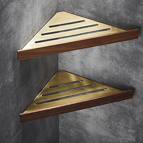 RBUDSPOLF Estantes Ducha Carrito de Baño Estantes de Esquina Estantes Flotantes Dorado Cepillado con Madera de Nogal Triángulo Organizador de Cosméticos Estante Estantes de Cocina Montados en la Pared