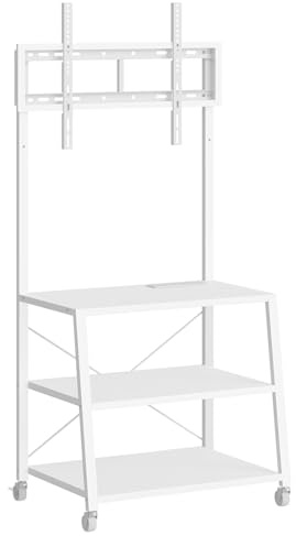 HOOBRO Rolling TV Stand with Mount and Power Outlet Up to 55 inch TV, Corner Entertainment Center, Small TV Stand with 3-Tier Storage Shelves for Living Room, Bedroom, White WW66UDS01