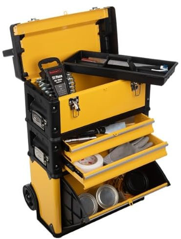 Rolling Tool Box with Wheels - Stackable Tool Box Organizer - Portable Metal Toolbox Tool Chest with Drawers for Garage Workshop by Stalwart (Yellow)