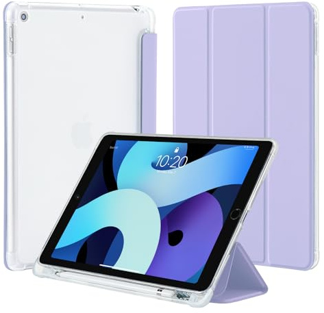 4UBonLife Case for iPad 9th/8th/7th Generation Case 10.2 inch 2021/2020/2019 with Pencil Holder, Slim Lightweight Smart Case Soft TPU Translucent Frosted Back Cover Shell for iPad 9/8/7, Lilac Purple