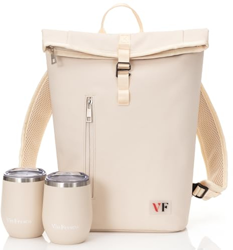 VIN FRESCO Two Bottle Rolltop Wine Tote Bag – Stylish PU Leather Backpack with Matching Tumblers – Wine Carrier with Padded Straps and Compartments for Travels & Picnics (Beige)
