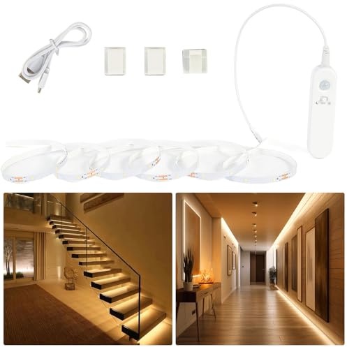 Hoobabuy Tira LED con Sensor Movimiento y Sensor Luz, Batería Recargable, Iluminación LED debajo gabinete para Armario, Escaleras, Habitación Bebé, Cocina, 2M, Blanco Cálido 2700K