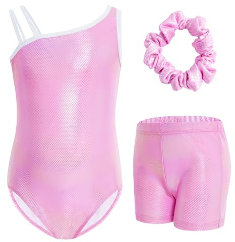 Gogokids Ensemble de Gymnastique Sans Manchespour Filles, Justaucorps de Gymnastique avec Design de Bretelle le Costume de Gymnastique Comprend Justaucorps, Shorts & Élastique a Cheveux, Âges 9-10