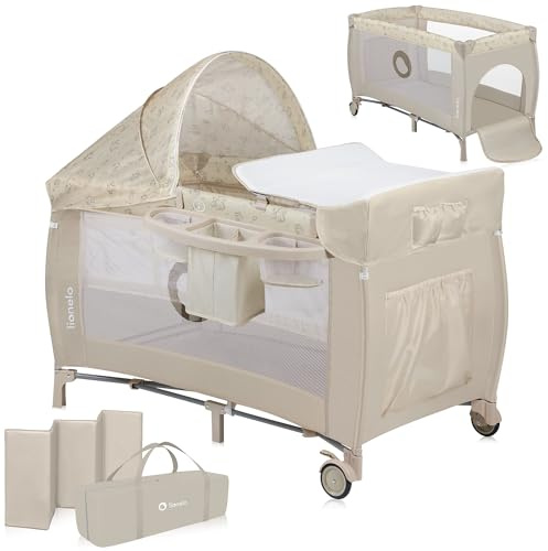 LIONELO Sven Plus 4-i-1 Babysäng & Resesäng, för Nyfödda till 36 Mån, Madrass med Två Höjder, Skötbord, Baldakin med Myggnät, Lekbåge med Leksaker, Förvaringsfickor, Transportväska, Beige Latte