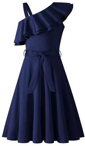 Arshiner Girls Dresses One-Shoulder Kids Dresses Summer Sleeveless Dress Ruffle Neck Elegant Party Festival Dresses Swing with Belt Dress for Girls 13-14 Years Navy Blue