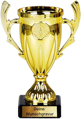 Pokal mit Gravur, Größe 17 cm, Kleine Trophäe für Kinder, Fußball, Tennis, Handball & Volleyball | Perfekt für Kindergeburtstage & Turniere, echter Marmorsockel