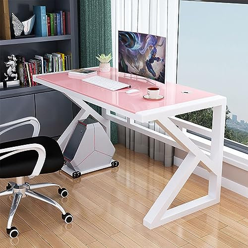 Escritorio de computadora rosa en forma de K de 32 pulgadas con parte superior de vidrio templado, estación de trabajo moderna para oficina en casa para PC/laptop, mesa de escritura y estudio, diseño