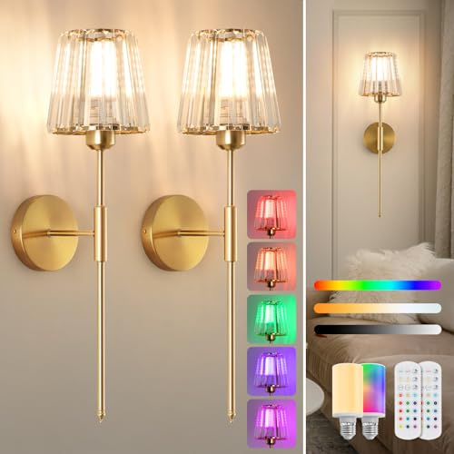 EIDEARAY Battery Operated Wall Sconce with Remote and Dimmable RGB,5000mAh Rechargeable Wall Lights,Gold Crystal Wireless Wall Lights for Living Room Bedroom Bedside(2 Pack)
