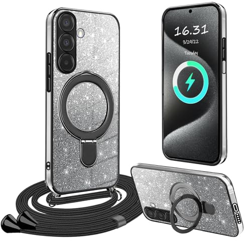 XCYYOO HandyHülle für Samsung Galaxy A56 5G Hülle mit Band,[Mit Abnehmbarem Standfuß] Transparente Silikon Stoßfest Handykette Schutzhülle Ring Ständer Case mit Kette für A56 5G Samsung