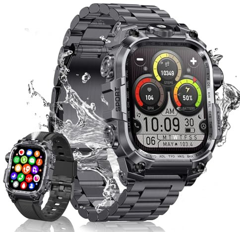 Montre Connectée Homme(2 Bretelles), 2.01'' HD Smartwatch Militaire avec Appels Bluetooth Torche LED 650mAh 150+ Mode Sportifs Surveiller Cardio Podometre Sommei, Fitness Tracker pour iOS Android-Noir