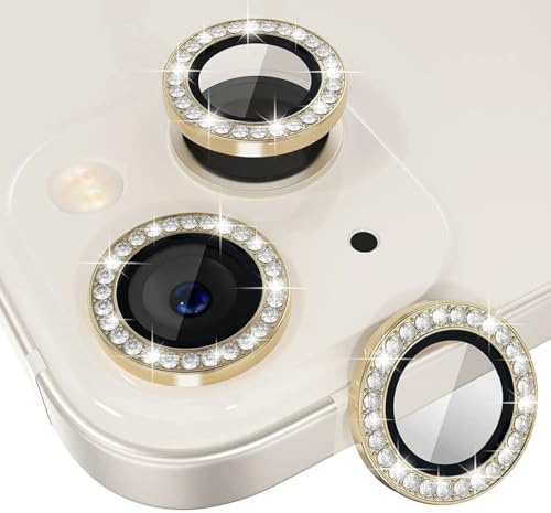 KK KENIK Camera Lens Protector For iPhone 13, Diamond Crystal Ring Design, 9H Tempered Glass, Waterproof, Scratch-proof For iphone 13 Camera Lens Protector (Gold)