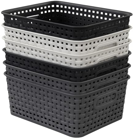powerking Cestino di stoccaggio in plastica, cesti scaffale con maniglie, 6 pacchetti di contenitori Organizzatore per casa, cassetto per ufficio, armadi e armadi