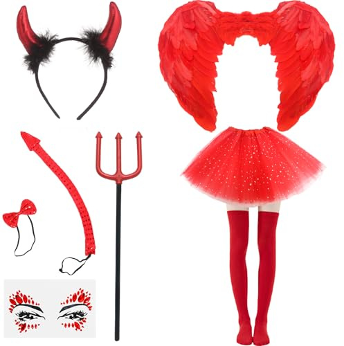 Halloween Devil Costume Set, Red Feather Wings Horns Headband Tutu Skirt Pitchfork Devil Tail Bow Tie Stockings Face Sticker Fancy Dress Costume Accessory for Halloween Birthday Party Cosplay