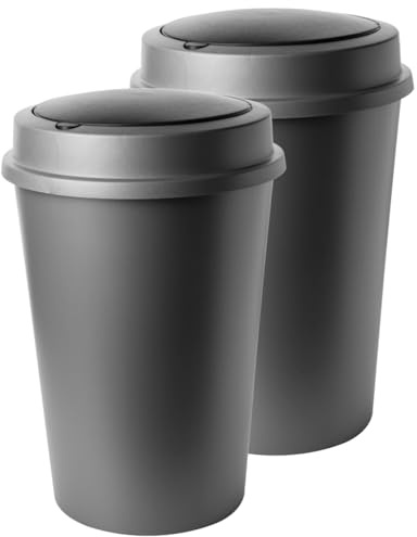 SUSTANIA Lot de 2 poubelles de 50 l, modernes, avec couvercle basculant en plastique, gris mat, pour cuisine, bureau et salle de bain, forme cylindrique