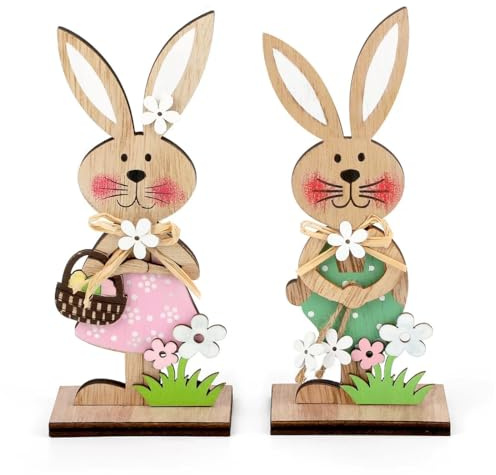 OIXEYA 2 pcs adornos de conejito de Pascua de madera, decoración de Pascua, decoración de conejo de Pascua de pie, estatua colorida de conejo de Pascua, adornos artesanales de conejo