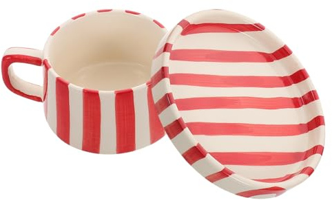 KICHOUSE Set Tazze da Caffè in Ceramica a Righe Piattino Design Creativo per Latte Art Tazze da Cappuccino per Ufficio e Uso Quotidiano Colore Rosso