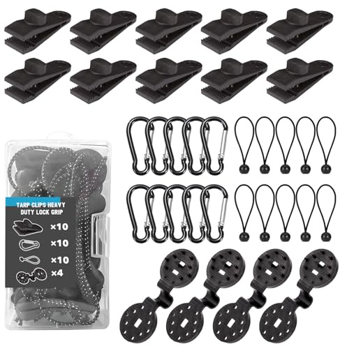 34pcs Heavy Duty Lock Grip Tarp Clips, Adjustable Screw Shark Teeth Design| Bungee Cords &Carabiners& Tarpaulin Clips for Fixing Tarps Outdoor Camping, Sun Shade Bird Net(PA Material)